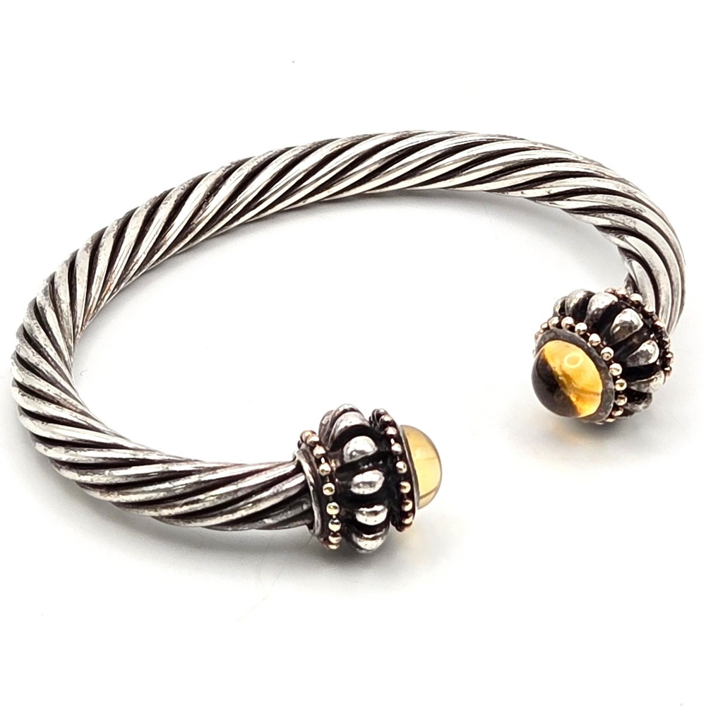 Vintage 7mm Cable Cuff Bracelet Citrine End Caps Two-Tone Silver Plated Classic